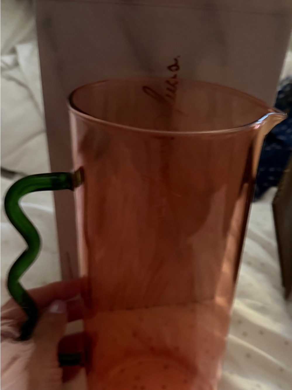 Pink Glass Pitcher with Curvy Green Handle
